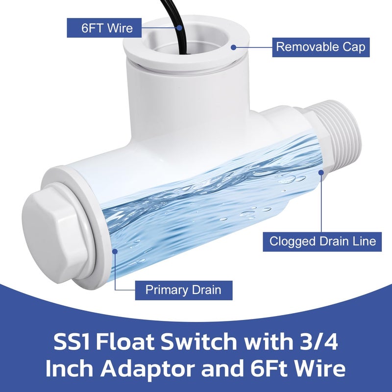Seweder SS1 Float Switch Condensate Overflow Switch with 3/4 Inch Adaptor and 6FT Wire for HVAC Drain Pan Condensate for condensate Overflow Detection - Image 3